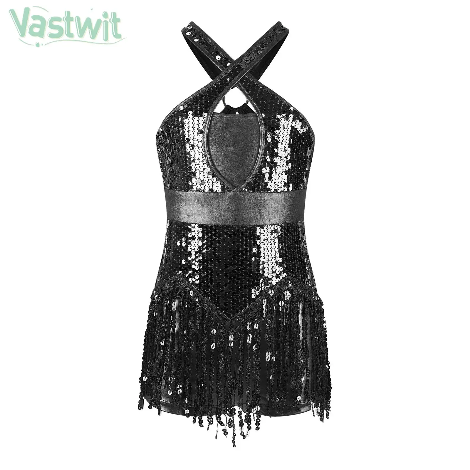 Girls Latin Dance Leotard Jazz Cha-Cha Rumba Samba Tango Bodysuit Dress Sleeveless Sequin Tassel Dancewear for Stage Performance