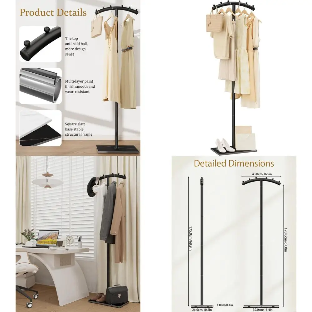 

Прочная металлическая вешалка для одежды Т-образной формы с основанием из натурального камня, для верхней одежды и сумок, высота 68,9 дюйма, черная.