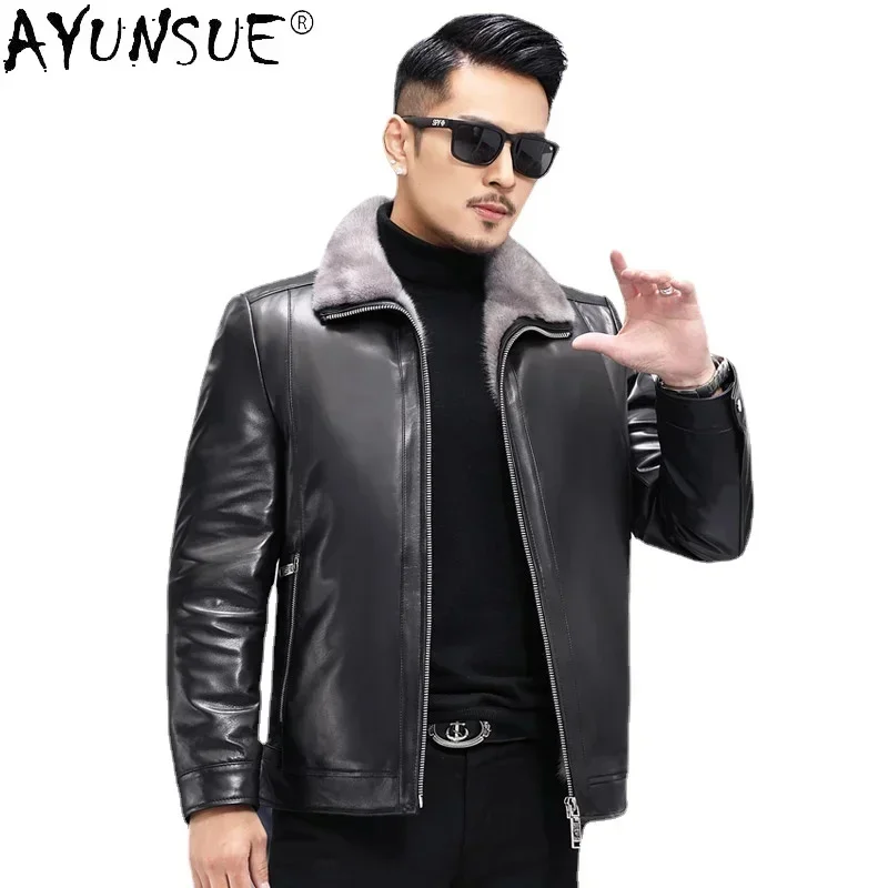 AYUNSUE Winter Warm Real Fur Coat Men Natural Mink Liner Jacket Genuine Cowhide Leather Coats Fashion Thick Clothes WPY4663