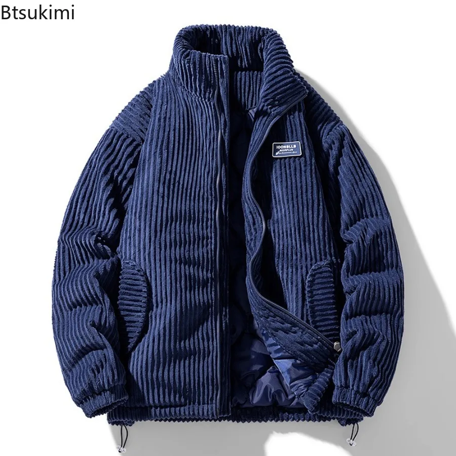 New Winter Fashion Casual Parkas for Men Stand Collar Solid Color Outerwear Corduroy Thicken Warm Jacket Cotton-padded Jacket