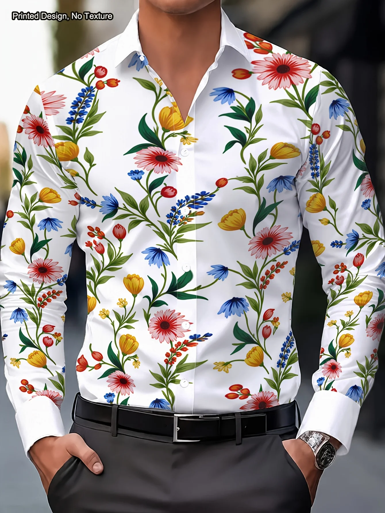 Men Colorful Floral Plant Print Long Sleeve Shirt Turn‑down Collar Button Up Casual Holiday Beach Dress Shirts