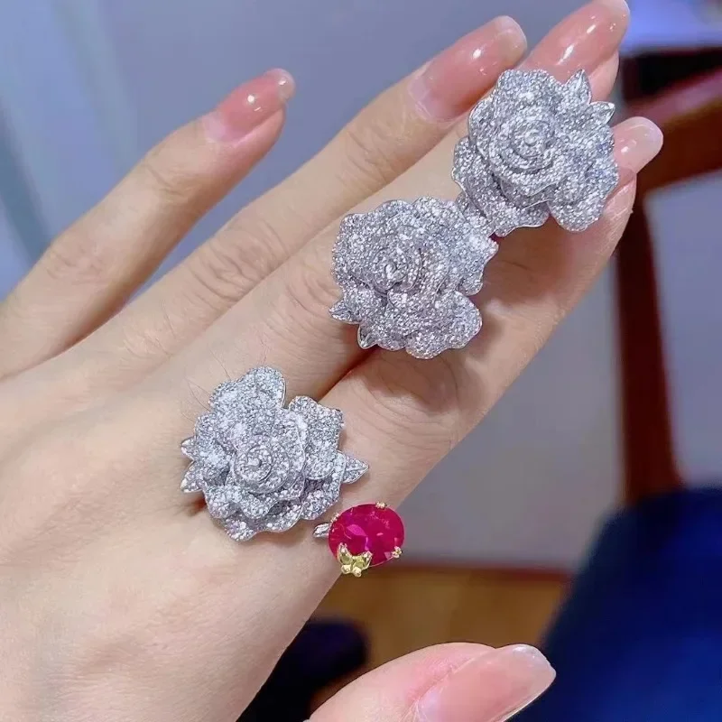 Ruihe Top Sale Rose Flower Shape S925 Silver Simulated Diamond Zirconia White Elegant Earrings Ring Wrist Strap Set for Women