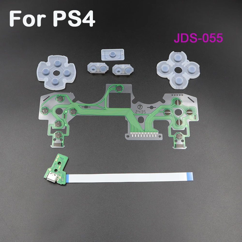 1 Juego de almohadillas de botón de goma de silicona de película conductora y placa de puerto de carga Micro USB para controlador PS4 JDS-001 011 030 040 050 055