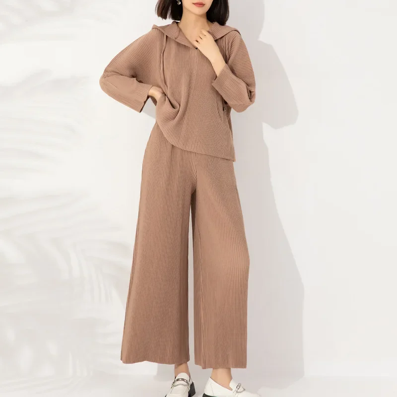 GGHK Miyake Pleated Women 2 Piece Set Pure Color Vintage Hooded Design Top High Waisted Loose Wide Leg Pants Female New Set