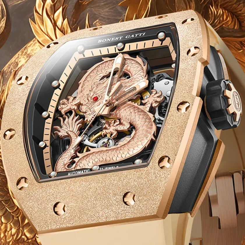 

BONEST GATTI Мужские автоматические часы 43 мм Tonneau Механические наручные часы с сапфировым стеклом Светящийся скелет Дракон Циферблат Фторкаучуковый ремешок