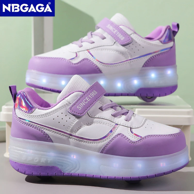 2 Wheels Light Up Sneakers for Kids Boys Girls Roller Skate Shoes LED Flashing Casual Shoes Outdoor Non-Slip Children Footwear