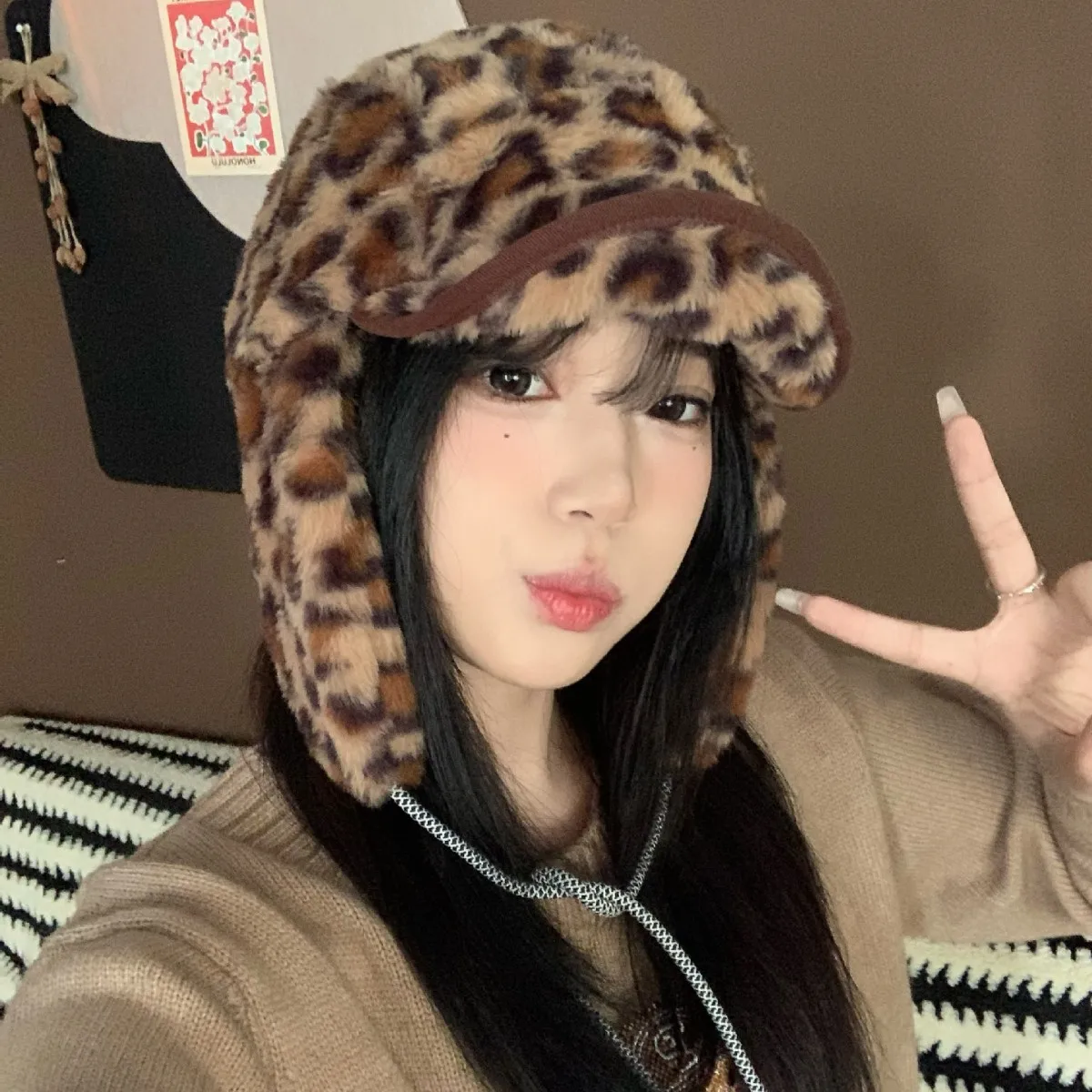 

Retro Leopard Print Ear-Warming Beanie Big Head Circumference Cycling Outdoor Casual Women's