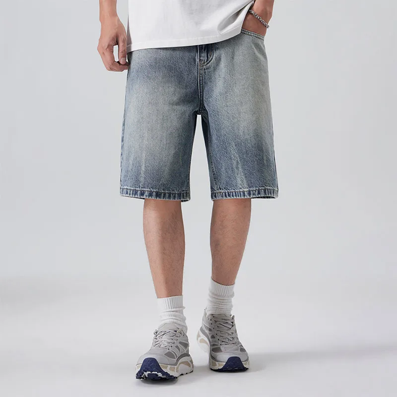 

2025 Summer New Fashion Men's Washed Blue Solid Color Casual Trendy Wide Leg Straight Knee Length Jean Shorts Male Denim Shorts
