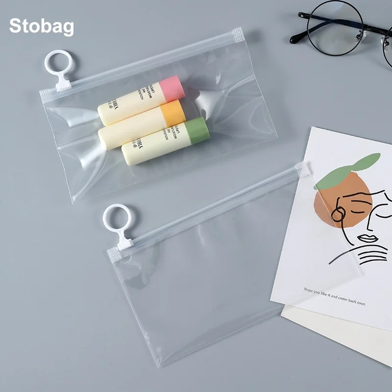 

StoBag 50pcs Wholesale Transparent Zipper Bag PPE Packaging Pull Loop Ziplock Pouch Plastic Sealed Pen Case Stationery Storage