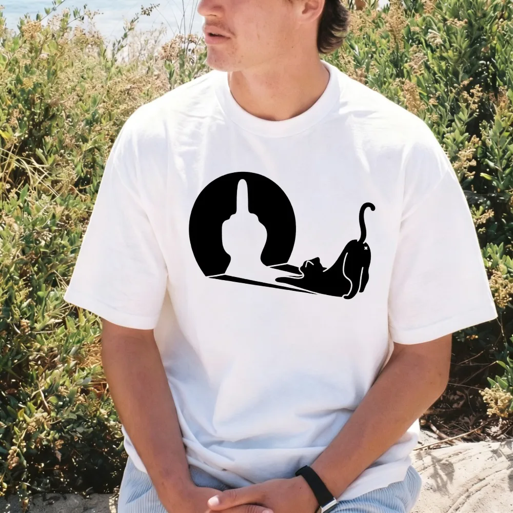 Cat Shadow Funny Middle Finger Graphic Printed T-Shirt Summer Cotton Short Sleeve O-neck Casual Fashion Man Women Clothing