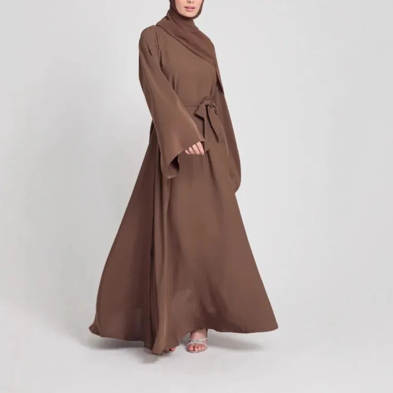 

Женское платье Абая с круглым вырезом и рукавами-колокольчиками - элегантный длинный струящийся исламский халат-кафтан для мусульманских дам, скромное молитвенное платье