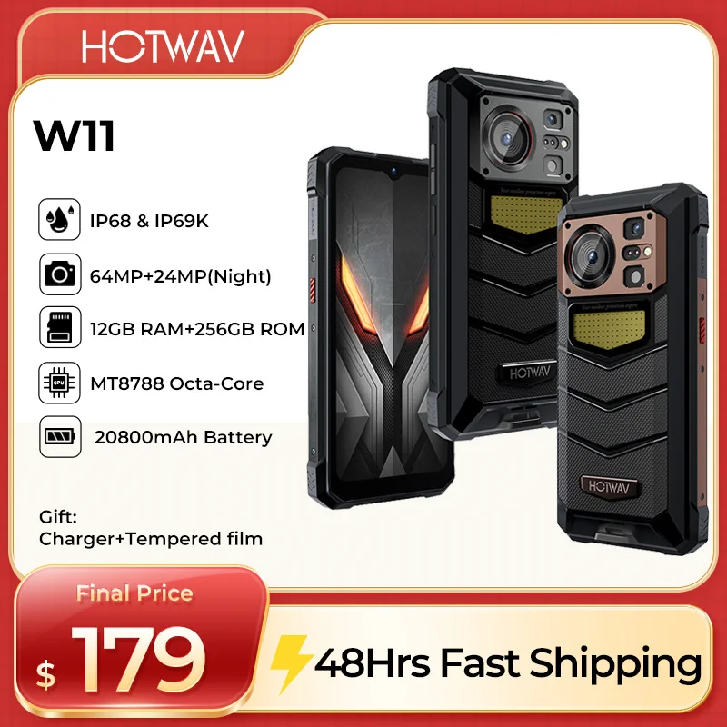 HOTWAV W11 Rugged Phone 6.6'' FHD+  24MP Night Vision Camera Smartphone 20800mAh 280LM Flashlight 33W Fast Charging Cellphones