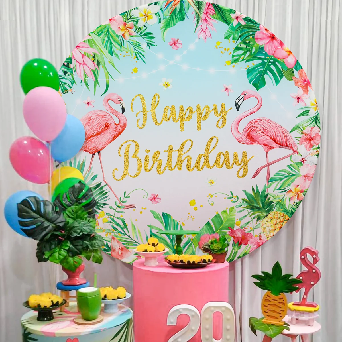 Round Birthday Party Backdrops Unicorn Dinosaur Flamingo Kids Birthday Party Decoration Baby Shower Circle Photo Background Cove