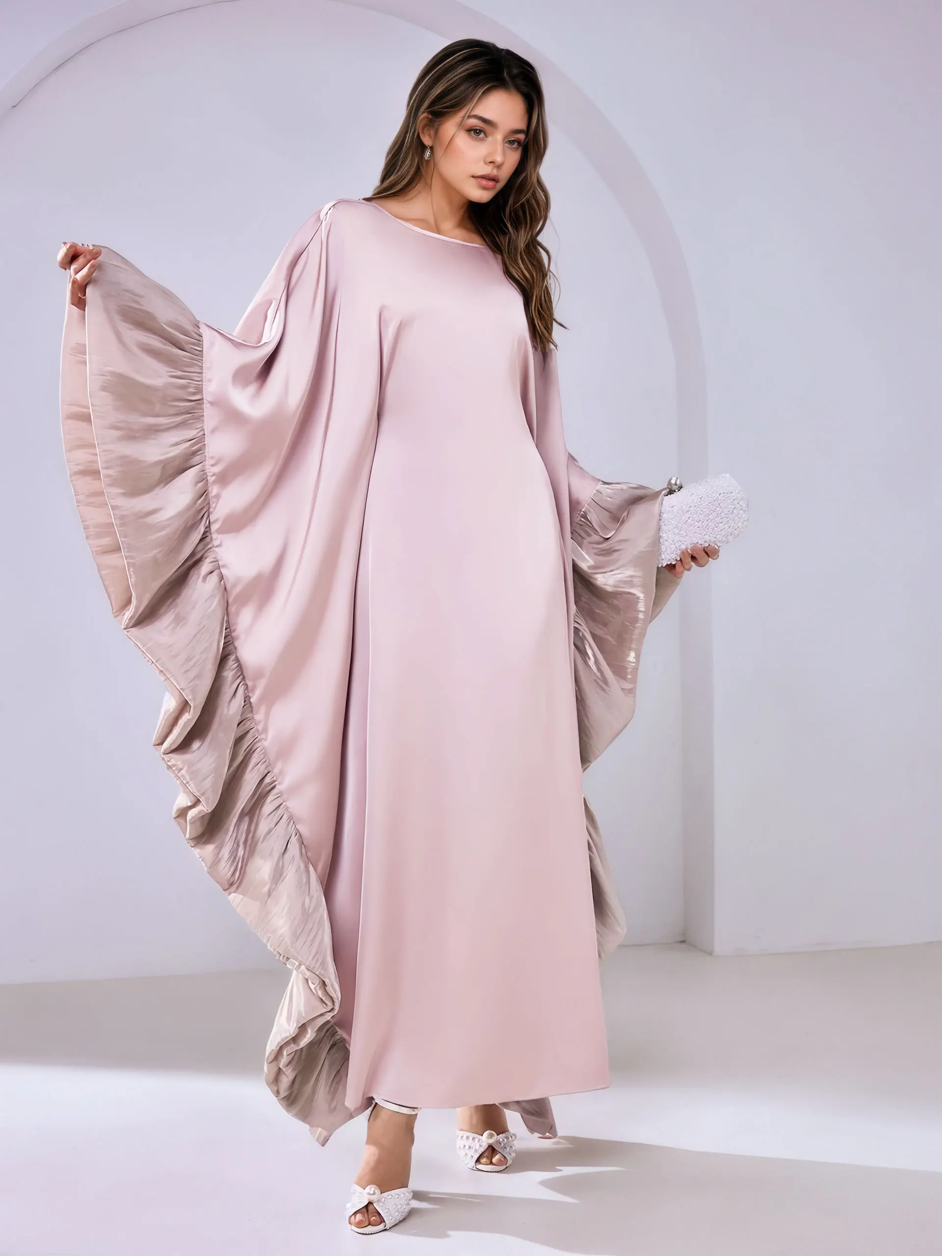 Dubai Muslim Womens Light Pink Abaya with Ruffled Sleeve Robe Ideal for Islamic Modest Fashion Prayers Weddings Religious Events