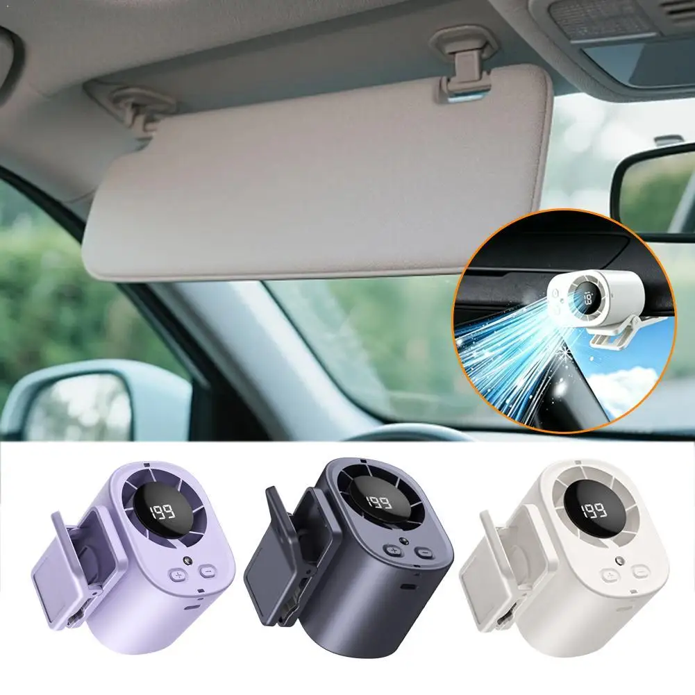 Portable Clip On Fan With LED Display USB Rechargeable Mini Waist Fan Strong Airflow For Outdoor Camping Fishing Car Sun Visor