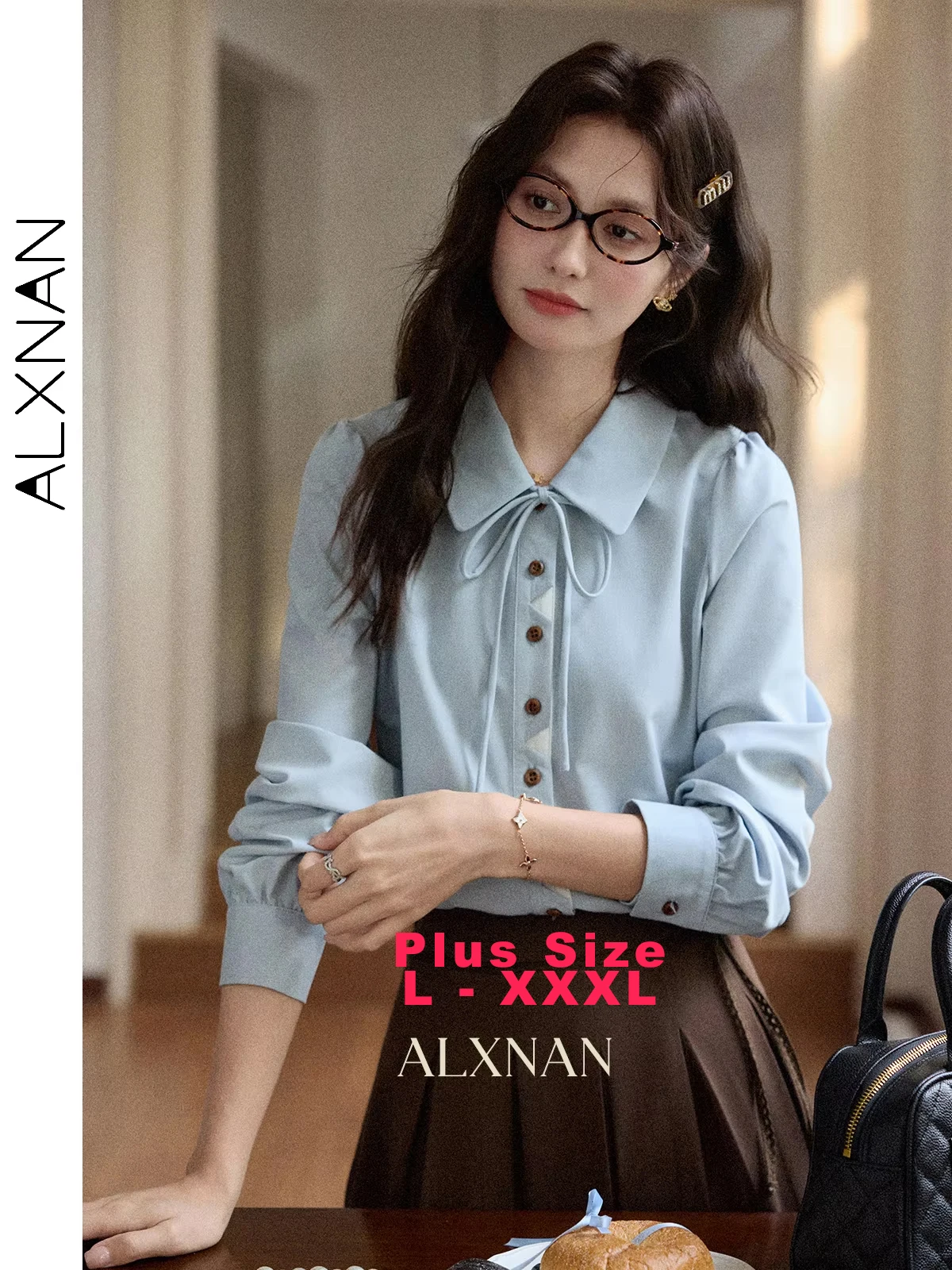 

ALXNAN Plus Size Women's Blue Shirt Lapel Tie Design Back Flower Embroidery Office Lady Casual Long Sleeve Blouses Tops D12817