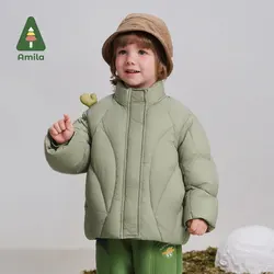 Amila Baby Down Jacket 2024 Winter New Style Boys And Girls Solid Color Warm Soft White Duck Down Loose Casual Children's Jacket