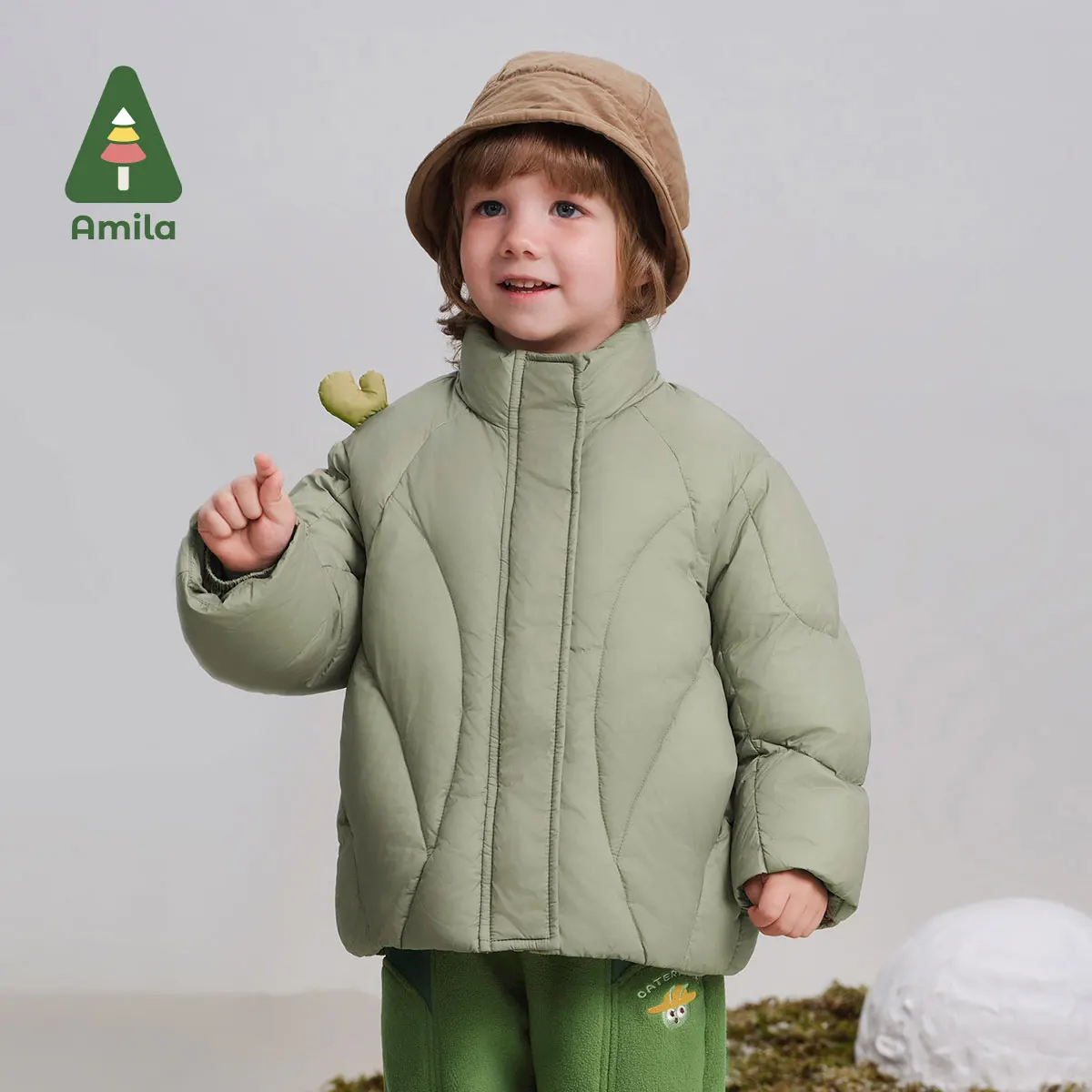 Amila Baby Down Jacket 2024 Winter New Style Boys And Girls Solid Color Warm Soft White Duck Down Loose Casual Children's Jacket