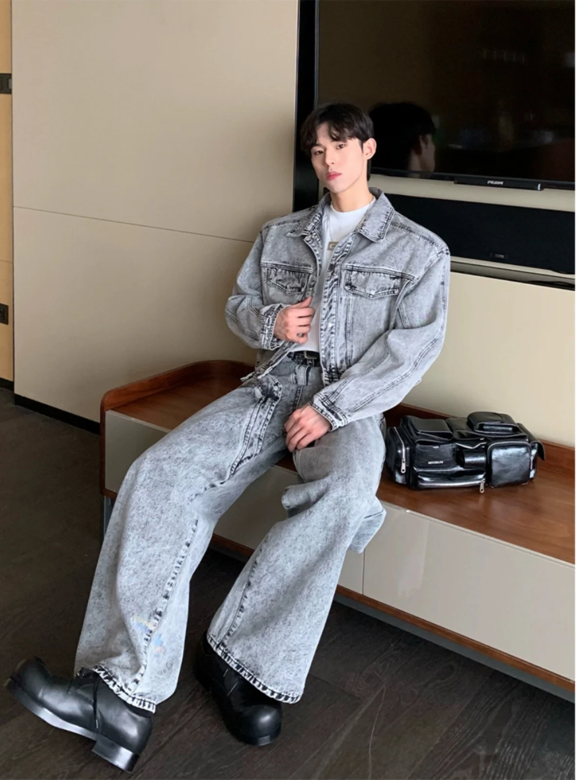 

Джинсовый джинсовый джинсовый джинс в стиле ретро в американском стиле High Street с подушечками и лоскутным дизайном для подростков, модный джинсовый комплект