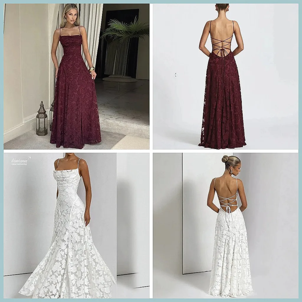 

Sexy Backless Maxi Dress for Women, Elegant Spaghetti Strap Sling Gown with Lace Jacquard for Party