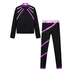 Kids Girls Athletic Tracksuits Figure Skating Gym Performance Set Zipper Front Sleeveless Ballet Leotard with Legging Pants Sets
