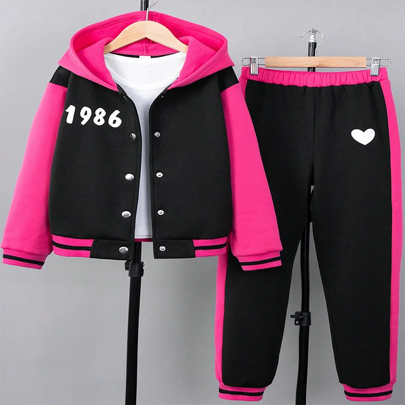 Two Piece Set Of Cute And Warm Color Blocking Printed Hooded Single Breasted Jacket And Pants For Girls In Autumn And Winter
