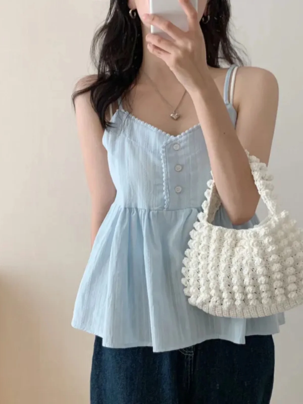 Ceco con tirantes y un solo botón con ribete de encaje e para mujer, Top corto sin mangas en capas, estilo moderno ...