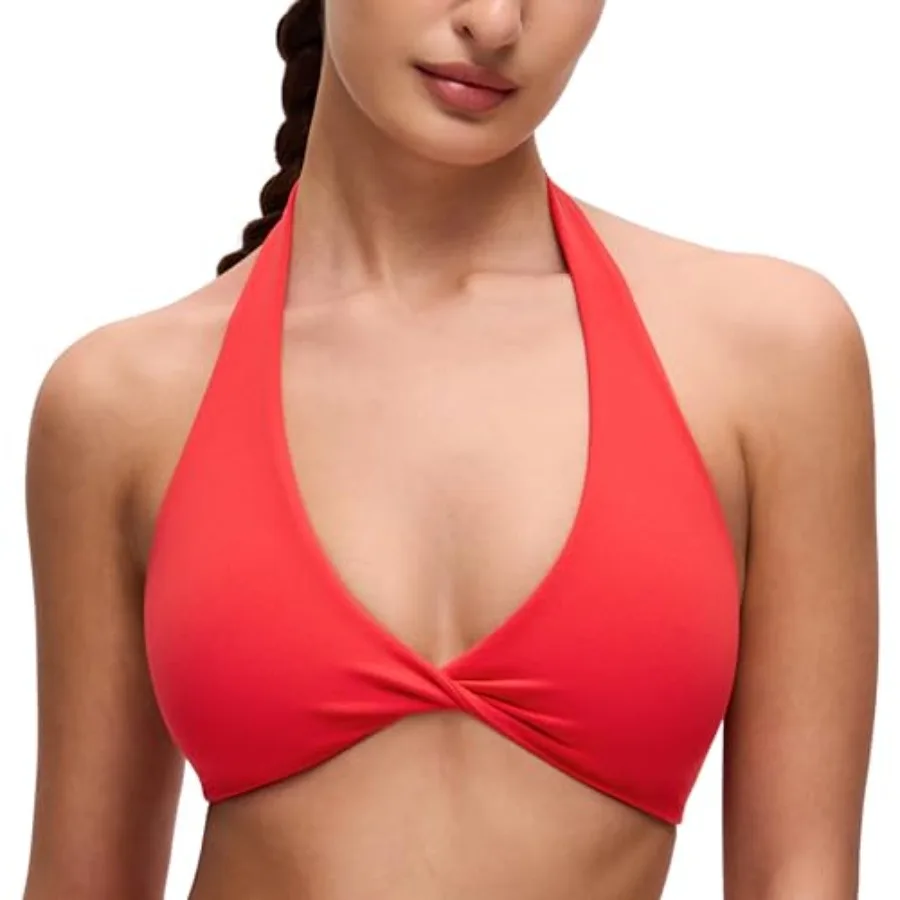 

CRZ YOGA Butterluxe Double Lined Twist Halter Sports Bras for Women - Deep V Neck Crop Top Casual Open Back Non Padded