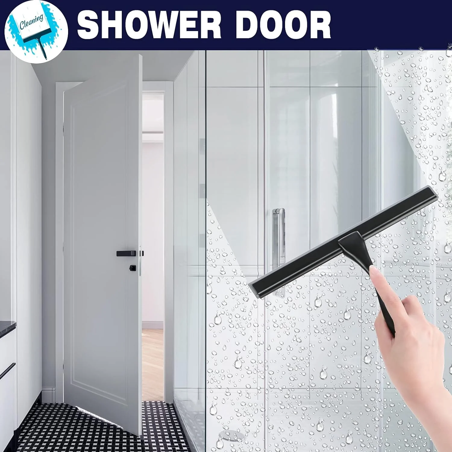 Tergipavimento per doccia, Tergipavimento nero da 10 pollici, Tergipavimento multiuso in acciaio inossidabile per bagno, porte doccia, specchi, piastrelle e ca