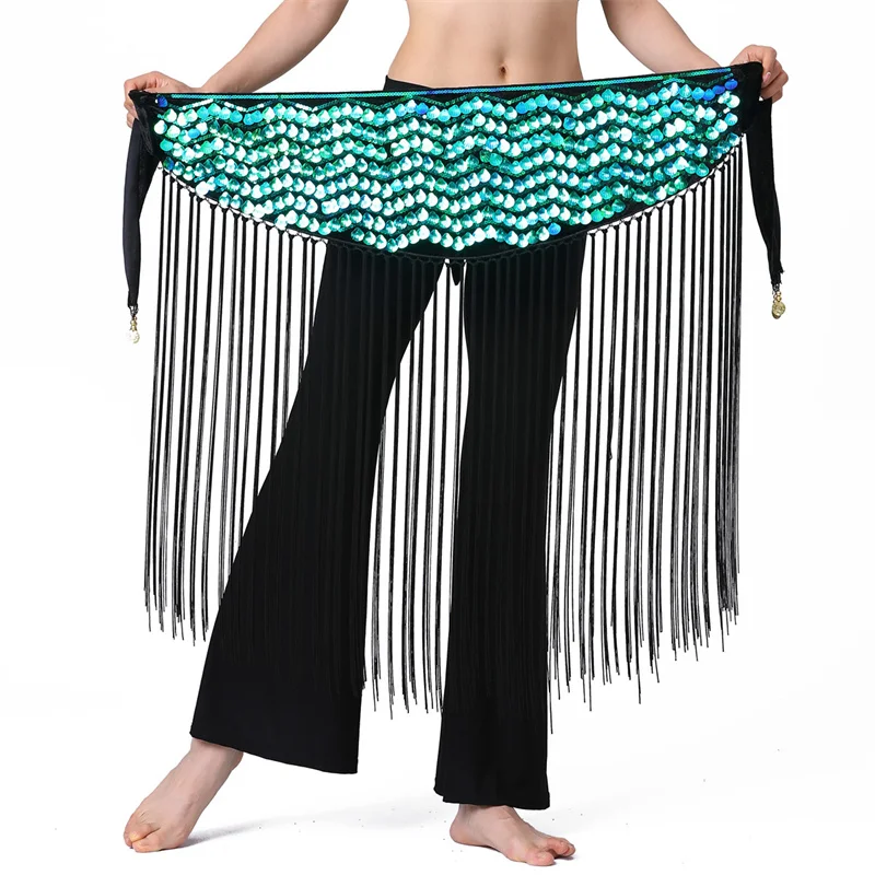 Women Mermaid Sequins Belly Dance Tassel Hip Scarf Practice Lesson Wear Skirts Waist Chain Wrap Belt Towel Clothes Dancewear