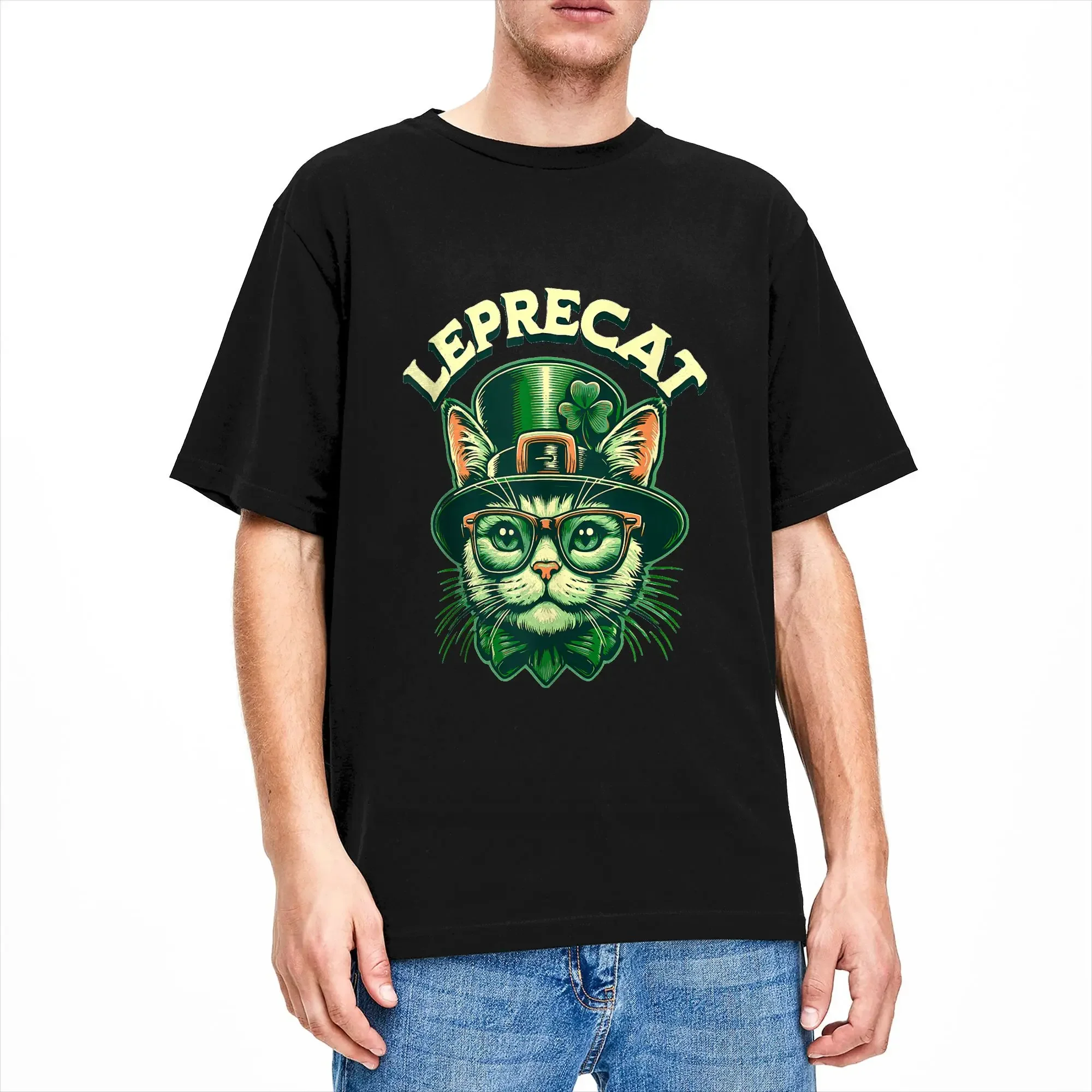 Leprecat Saint Patrick Cat Funny St. Patricks Day Party T Shirts for Men Cotton Awesome T-Shirts Crew Neck Tees Tops Plus Size
