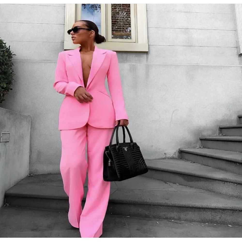 Blazer de lapela de pico de peito único para mulheres, terno rosa para trabalho, calças de pernas largas, jaqueta casual plus size, moda