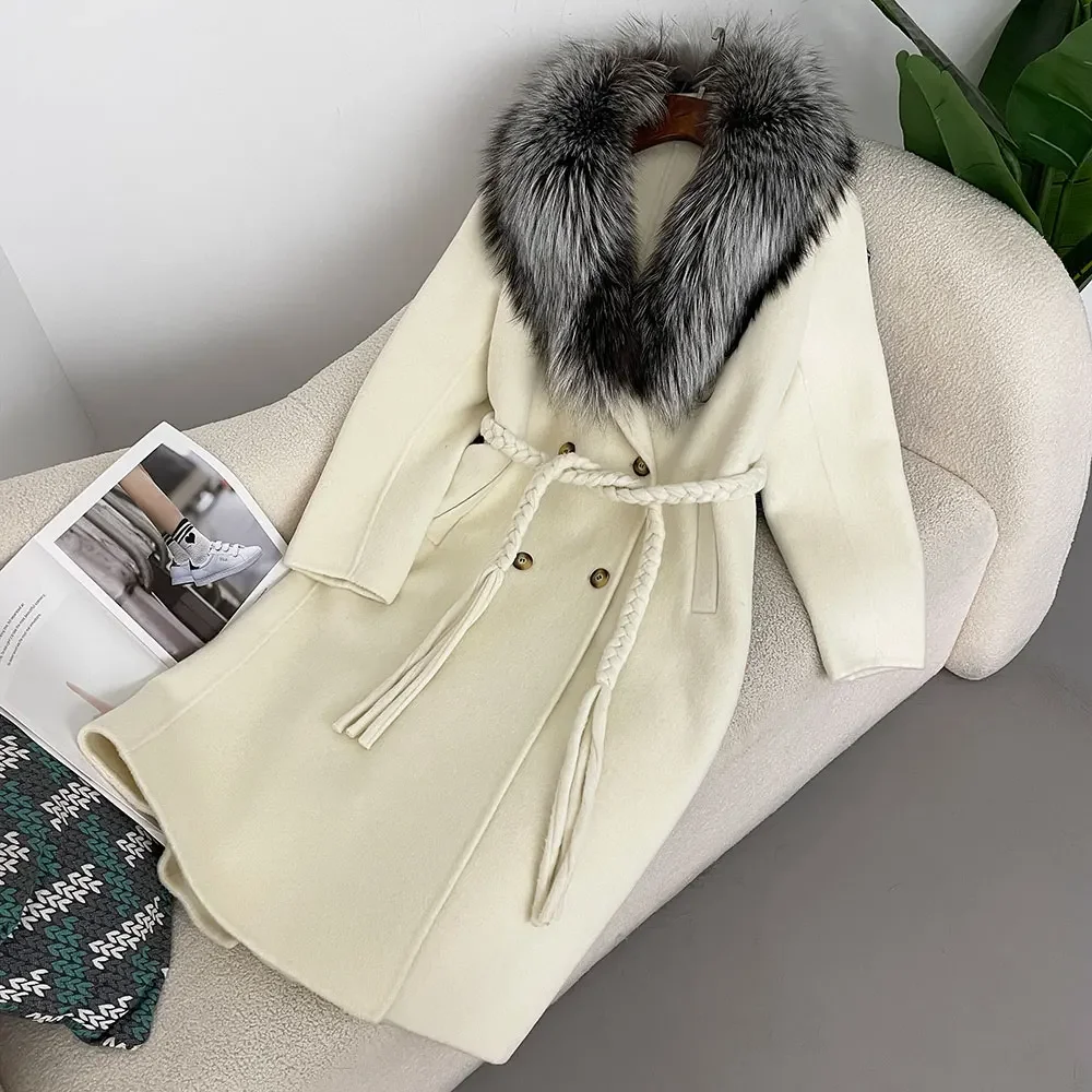 

2024 New Autumn Winter Real Raccoon Fox Fur Collar Long Woven Belt Thick Warm Lapel Wool Blends Coat Women Outerwear Streetwear