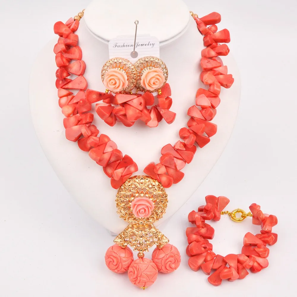 

Fashion Nigerian Wedding Coral Jewelry Sets Pink Coral Necklace African Beads Jewelry Set