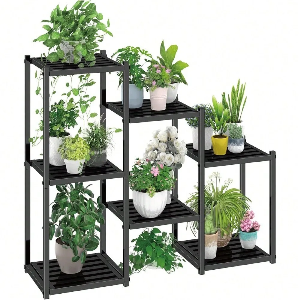 Plant Stand Indoor Outdoor,Metal Waterproof 7 Tiered Plant Shelf for Multiple Flower Planter Holder Tall Large Rack, Black