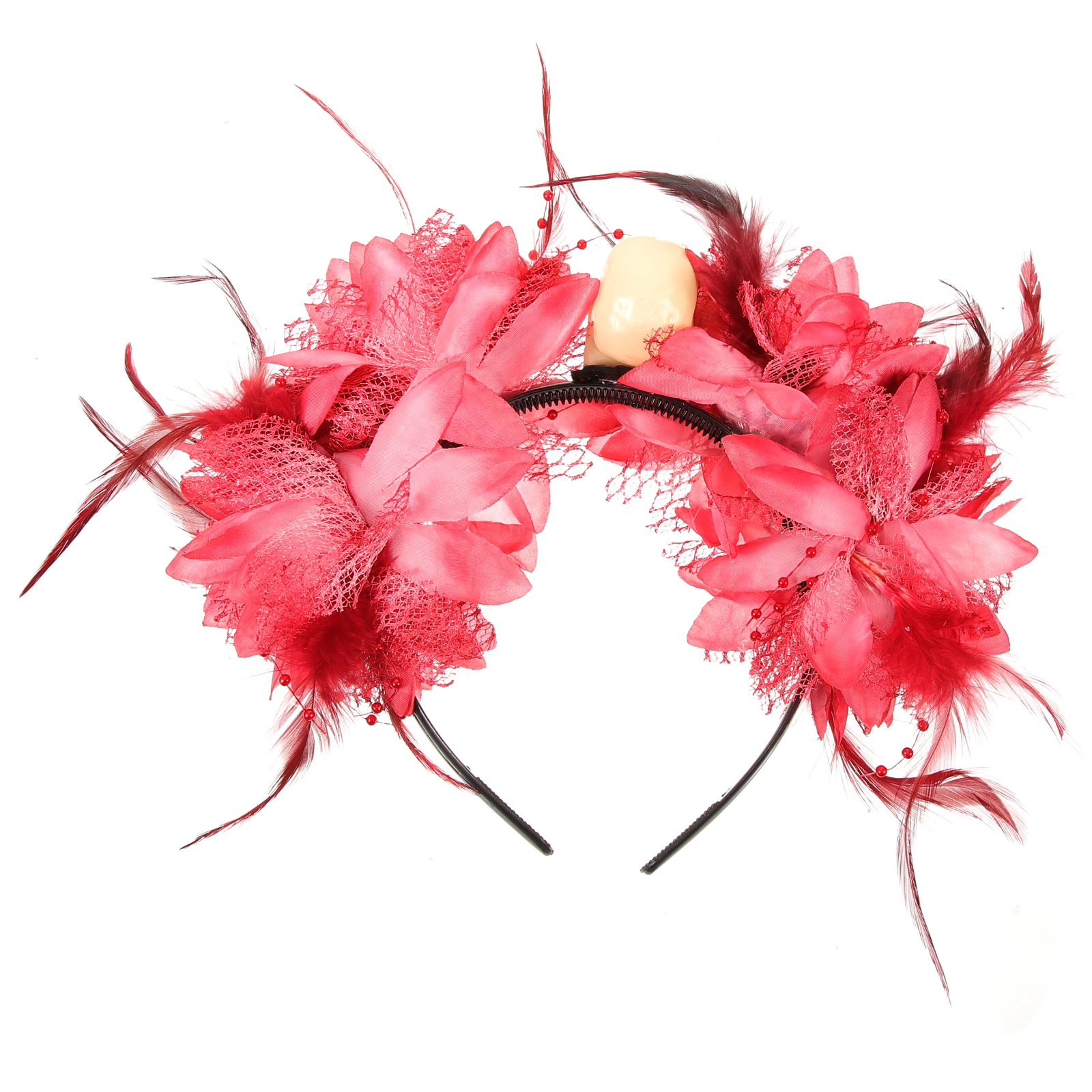 

Red Fabric Flowers Skull Plastic Headb Halloween Costume Goth Accessories Women Headpiece FG116 White