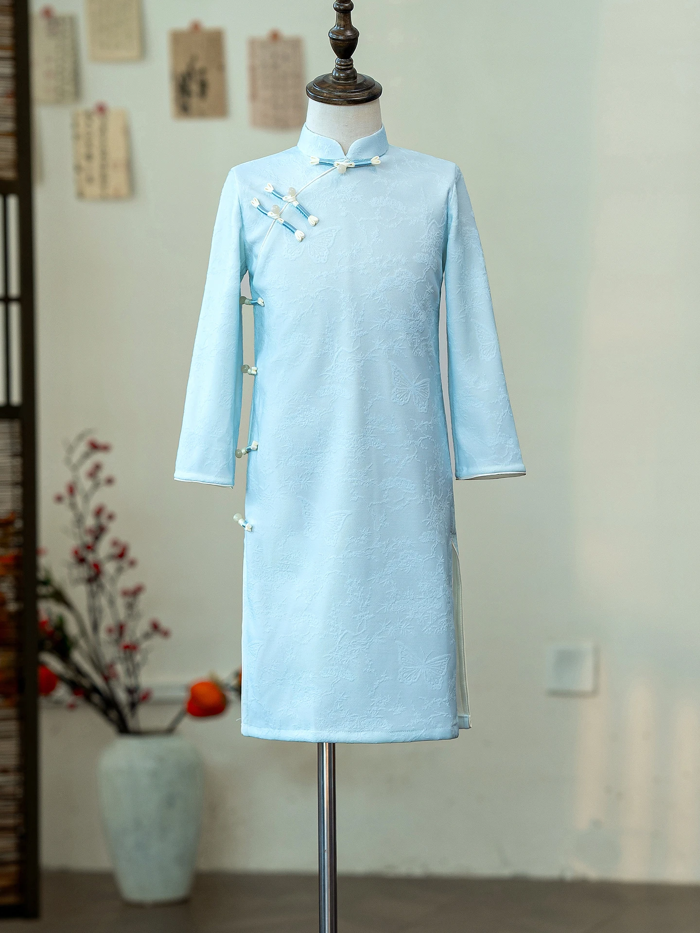chinese-style-long-sleeve-girl's-dress-blue-guzheng-performance-costume-children's-traditional-clothing-spring-autumn