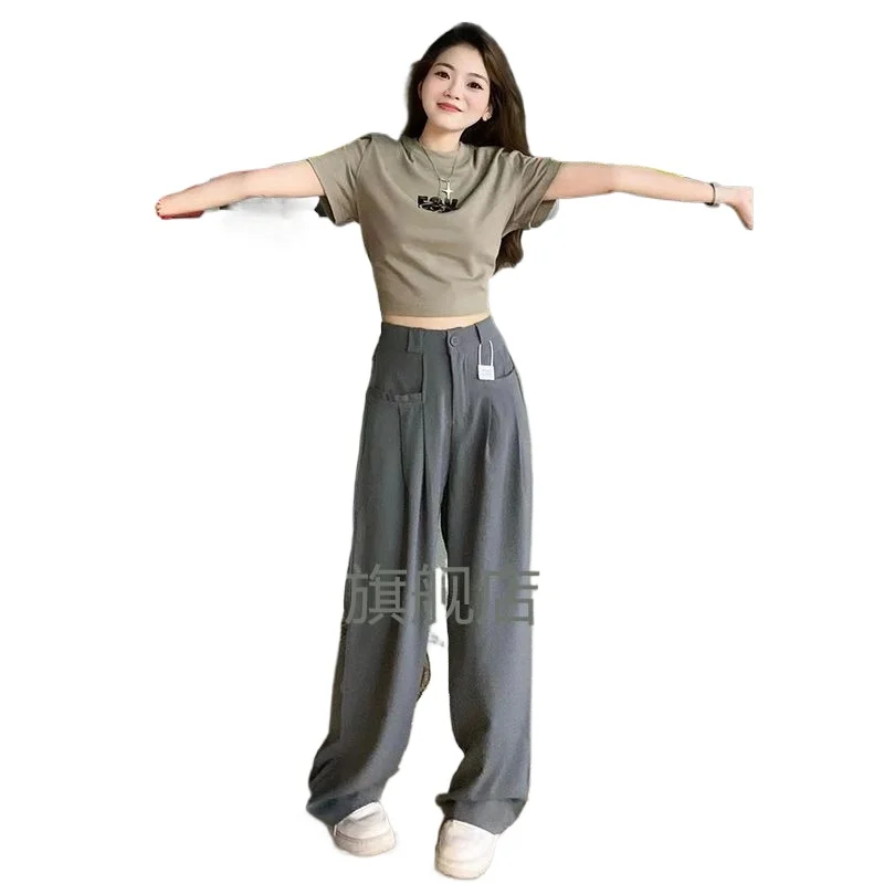 

Summer Suit Female American Retro Shoulder Waist Hot Girl Letter Short-sleeved T-shirt+gray Drape Suit Pants