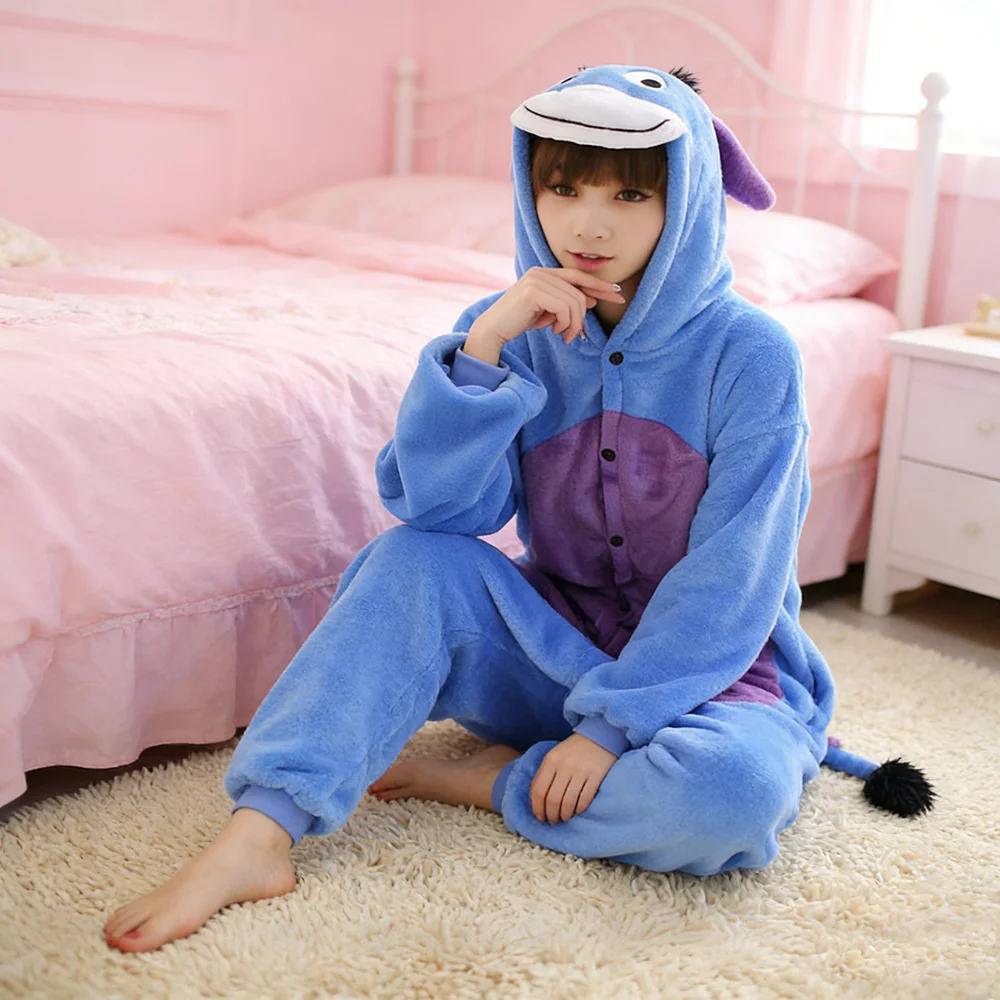 

Blue Kigurumi Onesies Pijama Animal Donkey Pajamas Unisex Adults Flannel Hooded Jumpsuits Sleepwear Anime Party Cosplay Costume