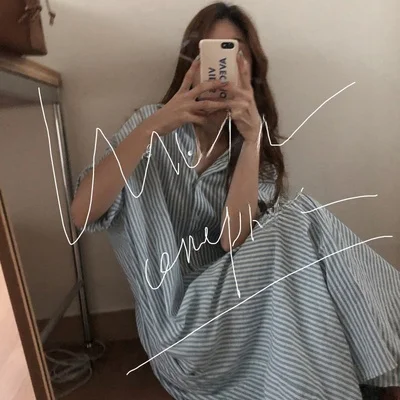 Women's ort Sve irt Dr Knee-Length Ultra-Long Striped Loose plus Size Korean Sle Commute Wind Cotton Polyester