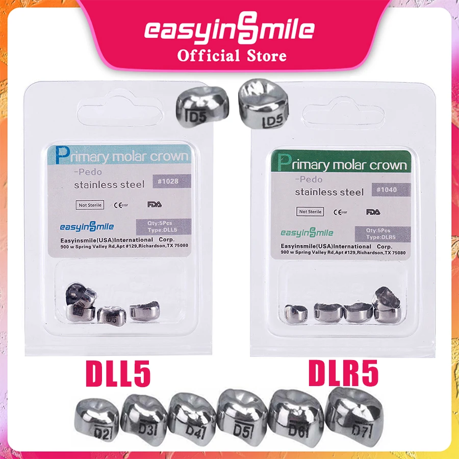 

5Pcs/Box Dental Kids Primary Molar Crowns Stainless Steel Preformed Crown Temporary Crowns 1st 2nd Upper Lower Dentistry Therapy