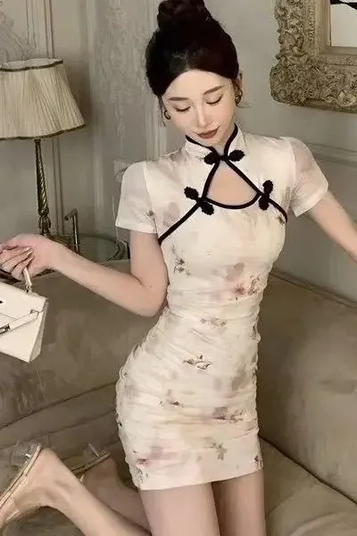 

Улучшенное платье Cheongsam в китайском стиле с короткими рукавами и якорем, женские французские утягивающие короткие вечерние платья Qipao