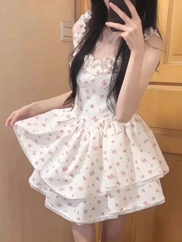 White Floral Print Halter Dress Women's Summer Sweet And Spicy Girl Childhood Memory Princesse Pleated Short Skirt Dress