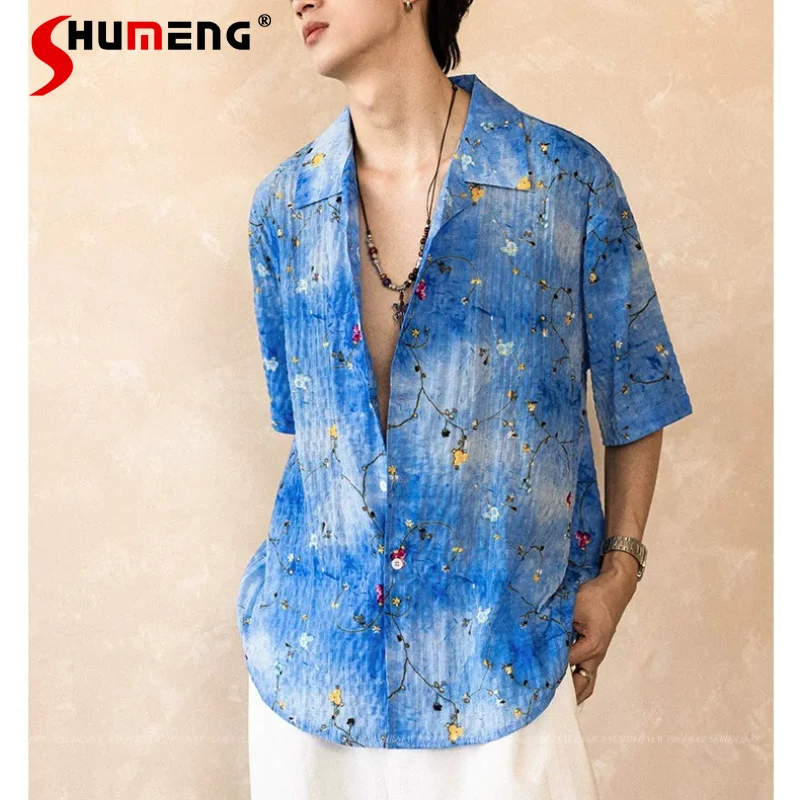 

2026 Summer New Fashion Printed Thin Shirts Short-sleeve Elegant Shirts Men's Gradient Color Single-breasted Multi-button Tops