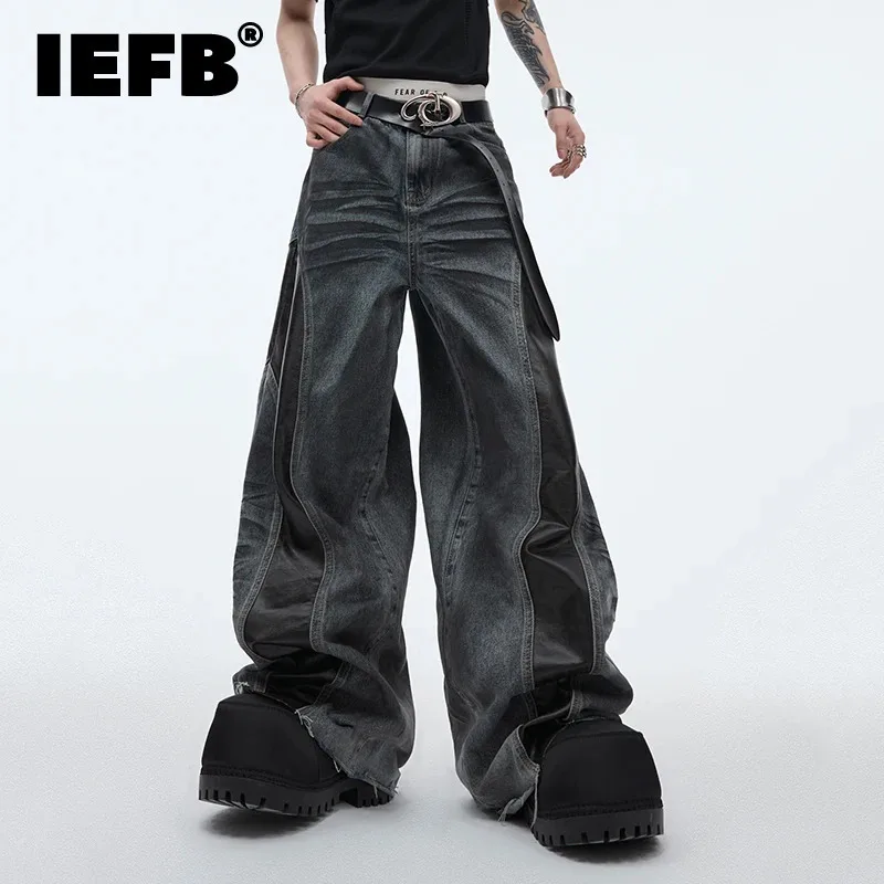 IEFB Niche Deign Male Denim Pants PU Leather Patchwork Worn-out Vintage Bottom Straight Wide Leg Male Jeans New Summer 24Y155