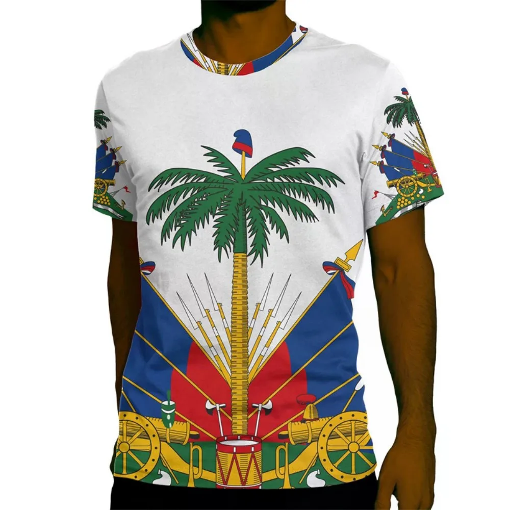 Men's T-shirt with Haitian national emblem design, 3D print, casual loose fit for summer, sportswear, fitness short-sleeved shir