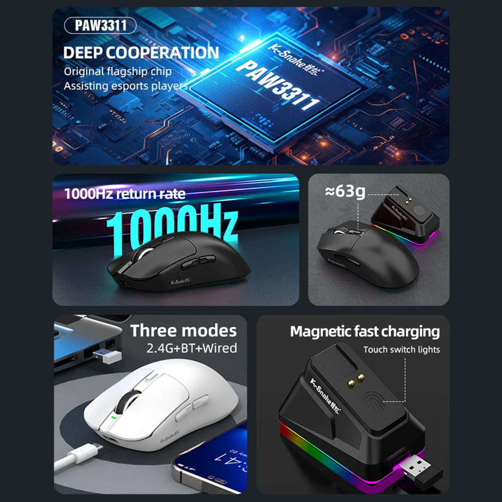 NEWEST FOR K-Snake X11PM Wireless Bluetooth Gaming Mouse，12000DPI，1000HZ Polling Rate，PAW3311 Sensor，Magnetic Charging Base