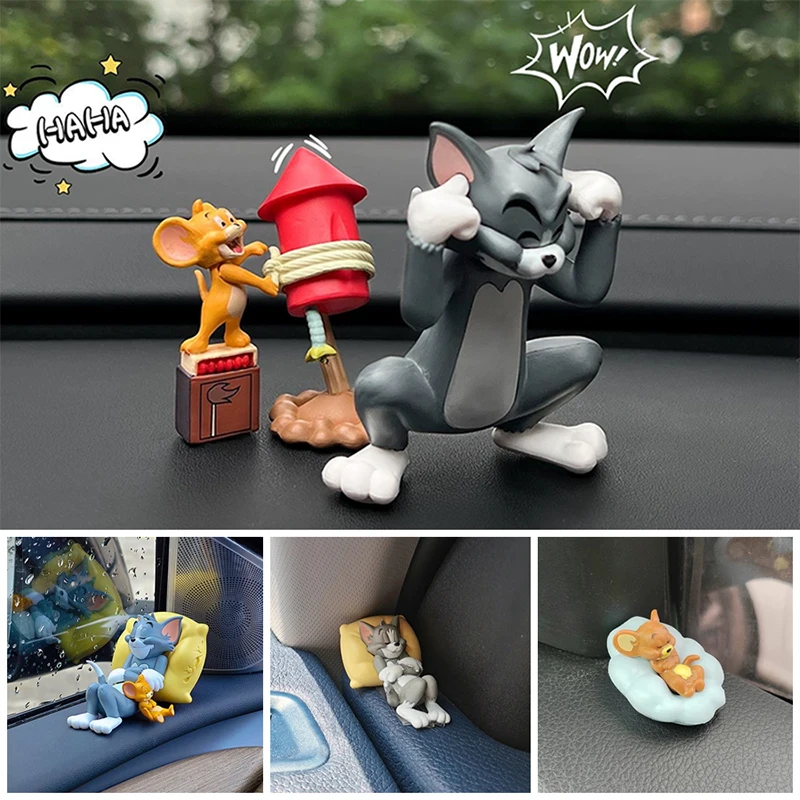 Kawaii Tom Jerry Ornament Cartoon Figure Mini Ornament Car Dashboard Interior Decor Desktop Office Display Accessory Gifts