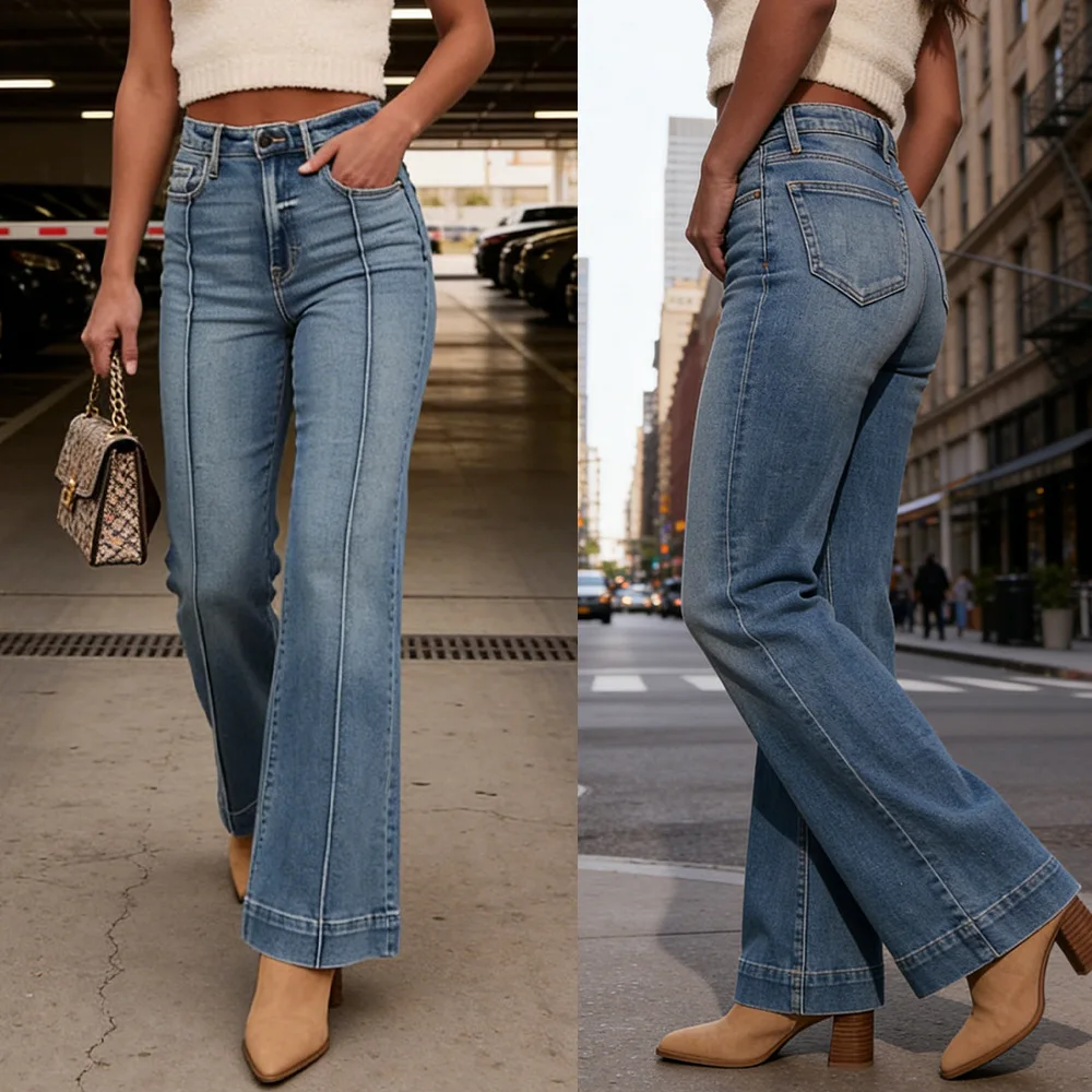 

Denim Pant Women Jeans Long Flare Pants Slim Fit Y2k Streetwear High Waist Straight Trousers Elegant Splice Work Casual 2026