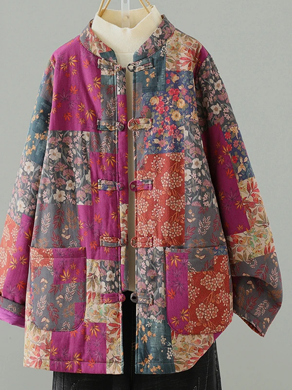 Retro Ethnic Print New Chinese Sle Floral Cotton Jaet Women's Winter Buttoned Cotton Coat Loose Fit Thiened Long Sve